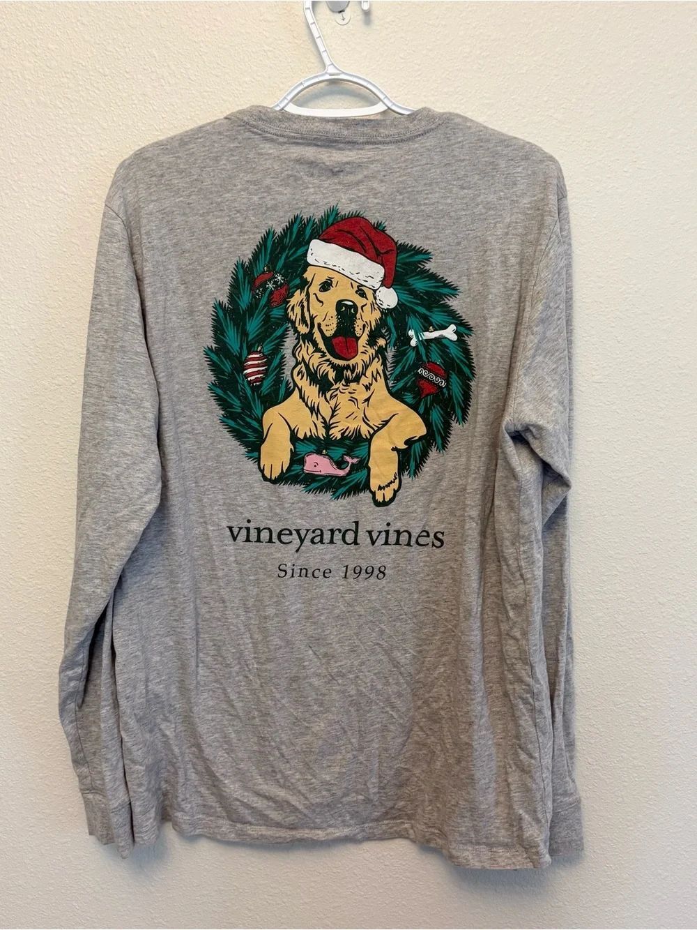 Vineyard Vines Holiday Golden Retriever Long Sleeve Pocket T-Shirt Grey Size M